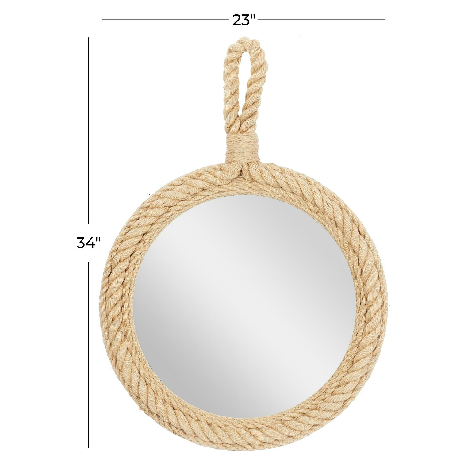 DecMode Coastal Glass Round Wall Mirror with Light Brown Rope Detail 23 W x 34 H  Crowdfused