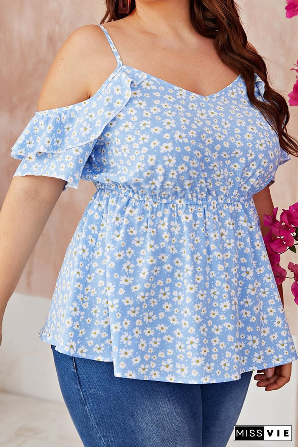 Light Blue Floral Print Hater Plus Size Blouse