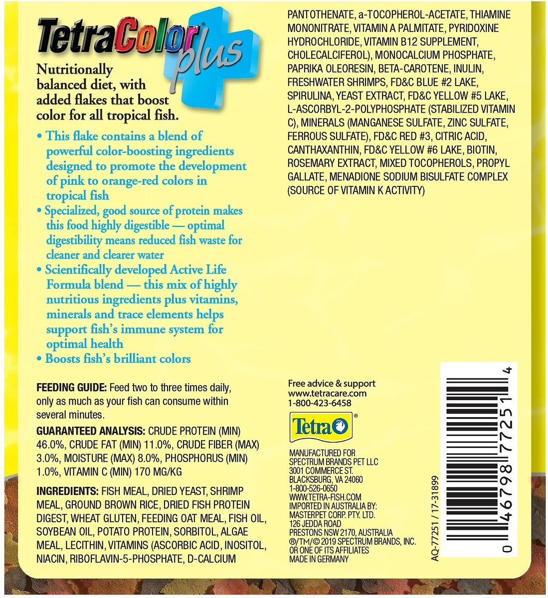 Tetra TetraColor Plus Tropical Flakes Fish Food， 7.06-oz bottle