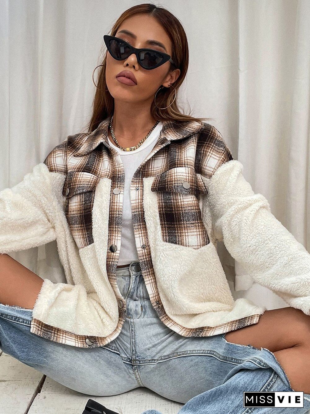 Autumn And Winter New Women's Plaid Coats Lapel Single-breasted Contrast Color Stitching Plaid Plush Jacket Coat Women