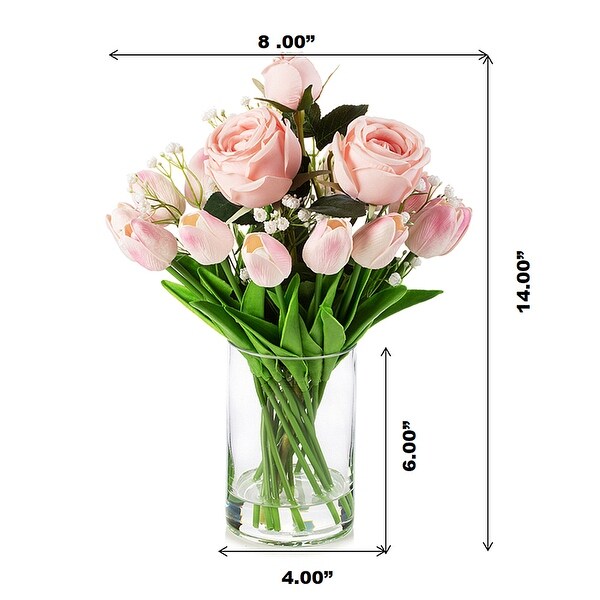 Enova Home Mixed Artificial Real Touch Tulip and Rose Flower Arrangement in Clear Glass Vase with Faux Water