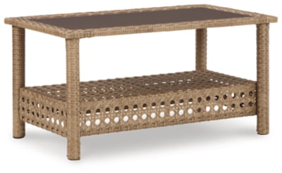 Signature Design by Ashley Braylee Outdoor 2 Piece Patio Driftwood Resin Wicker Cushioned Loveseat and Table, Rustic