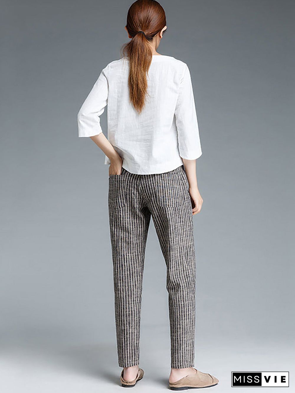 Plus Size Buykud Stripe Cotton Linen Women Pants