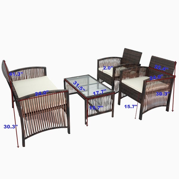 4 Piece PE Rattan Wicker Outdoor Sofa Chair Set with Beige Cushions and Tempered Glass Coffee Table - Overstock - 37454193