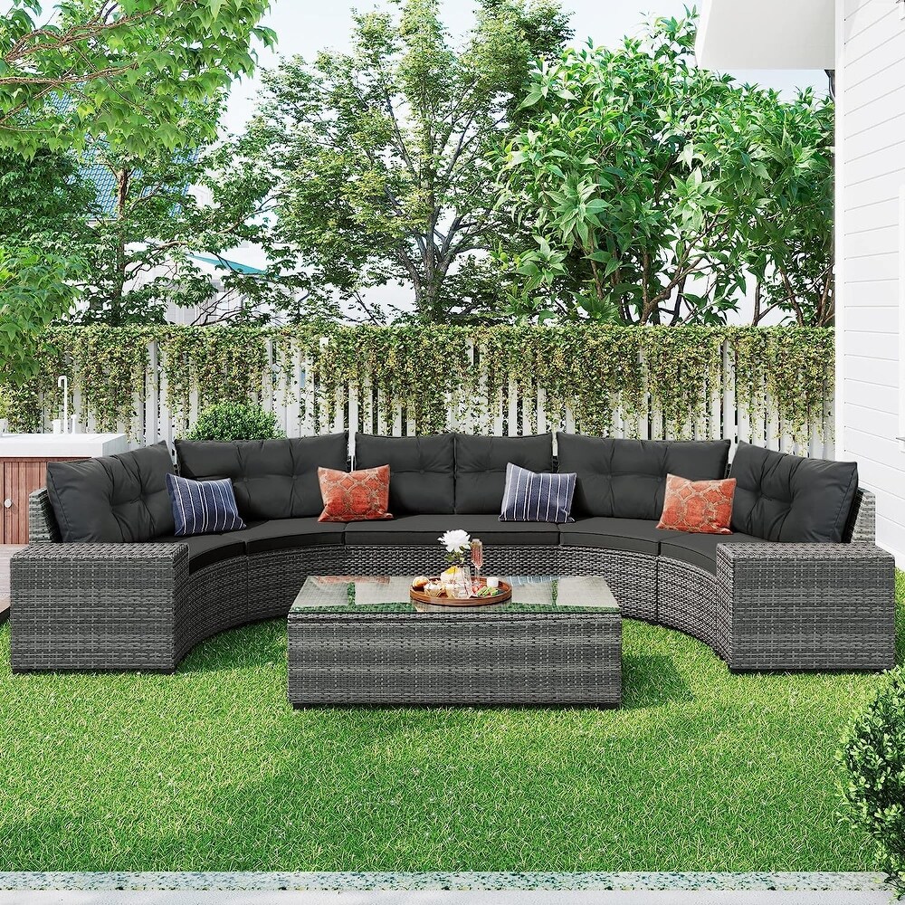 8 Pieces OutdoorWicker Round Sectional Curved Sofa Set with Rectangular Coffee Table  PE Rattan Water Resistant and UV Protected