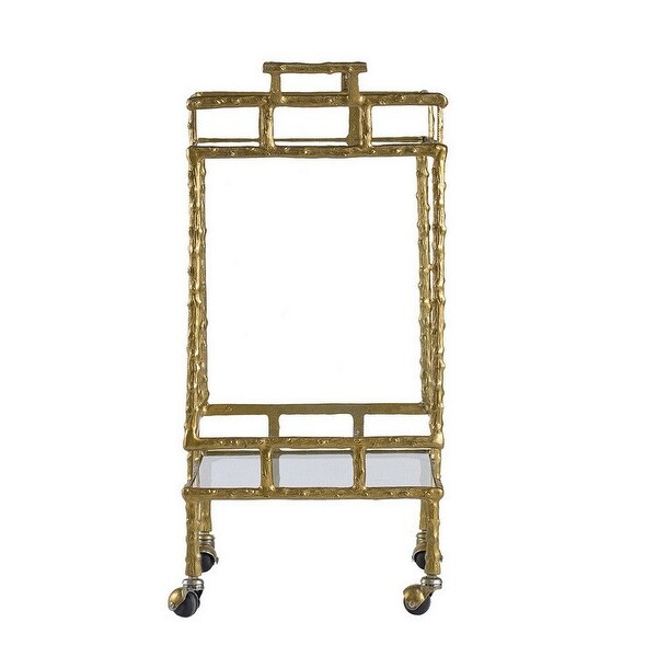 30 Inch 2 Tier Bar Cart， Aluminum Frame， Clear Glass Shelves， Antique Brass - 29.9 H x 23.6 W x 13.8 L Inches