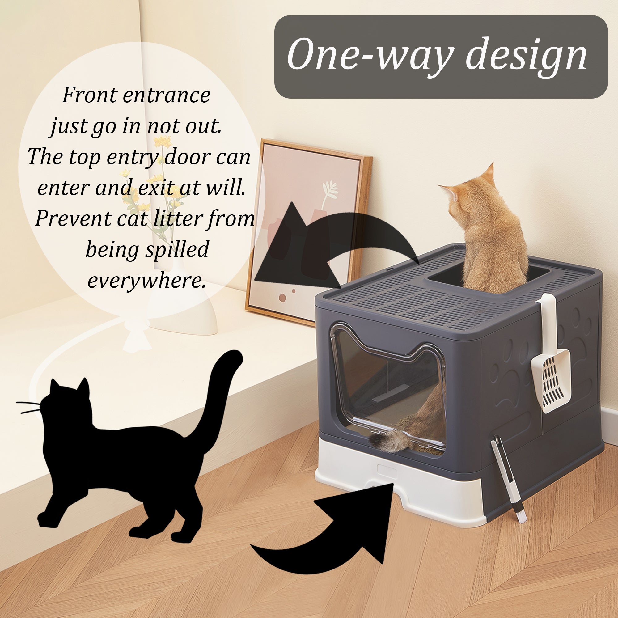 Top Entry Cat Litter Box with Lid， Foldable Cats Litter Box Include Litter Scoop， Enclosed Kitty Litter Box with Drawer Tray Easy Clean (Black)