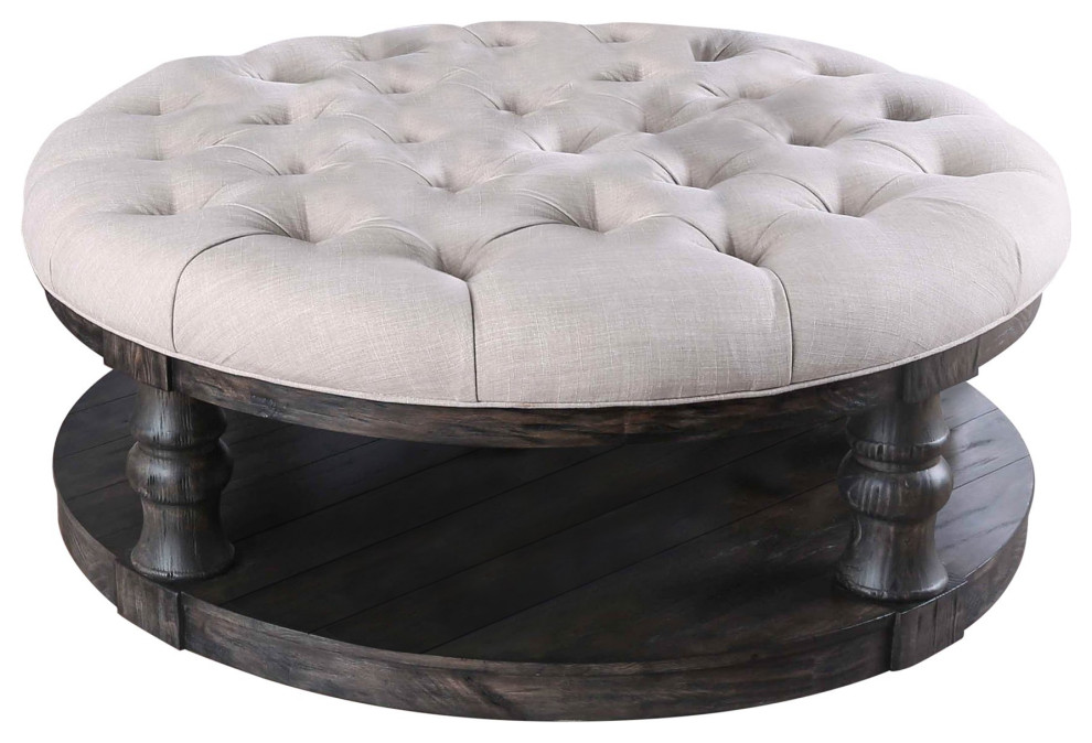 Rustic Ottoman Coffee Table  Molding Accented Legs and Tufted Seat  Antique Gray   Traditional   Coffee Tables   by Declusia  Houzz