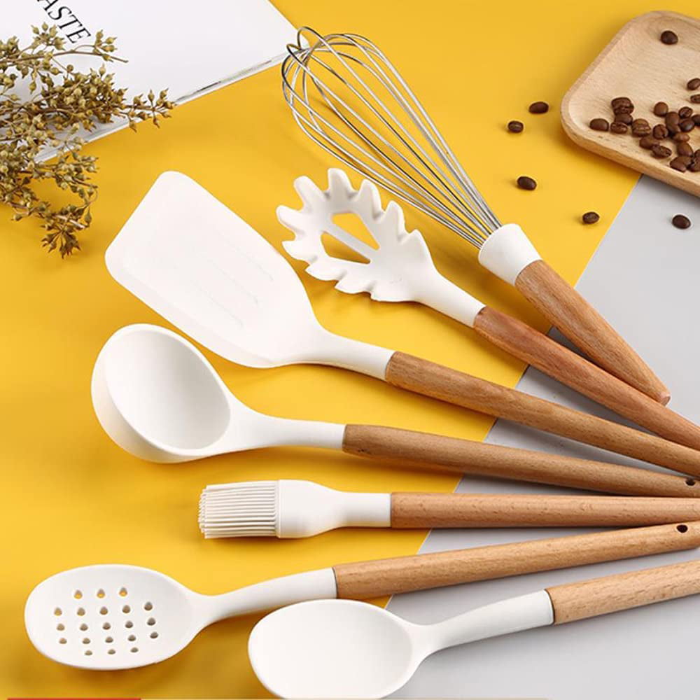 14pcs Kitchen Silicone Cooking Utensils Set,Non-Stick,Wooden Handle,White