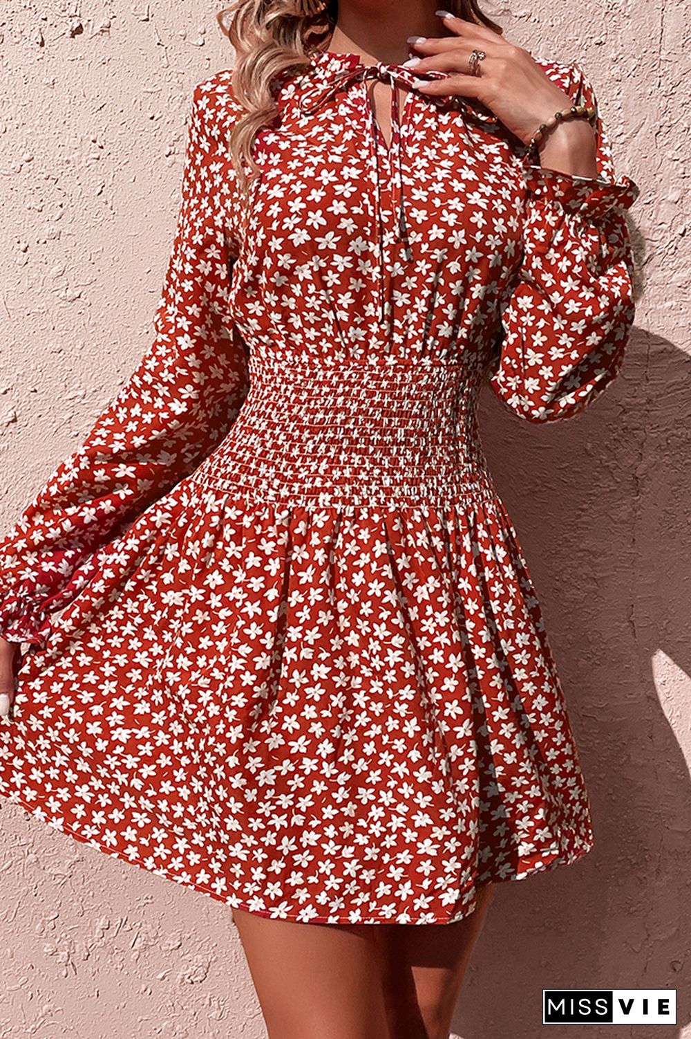 Red Floral Split Frill Collar High Waist Swing Dress