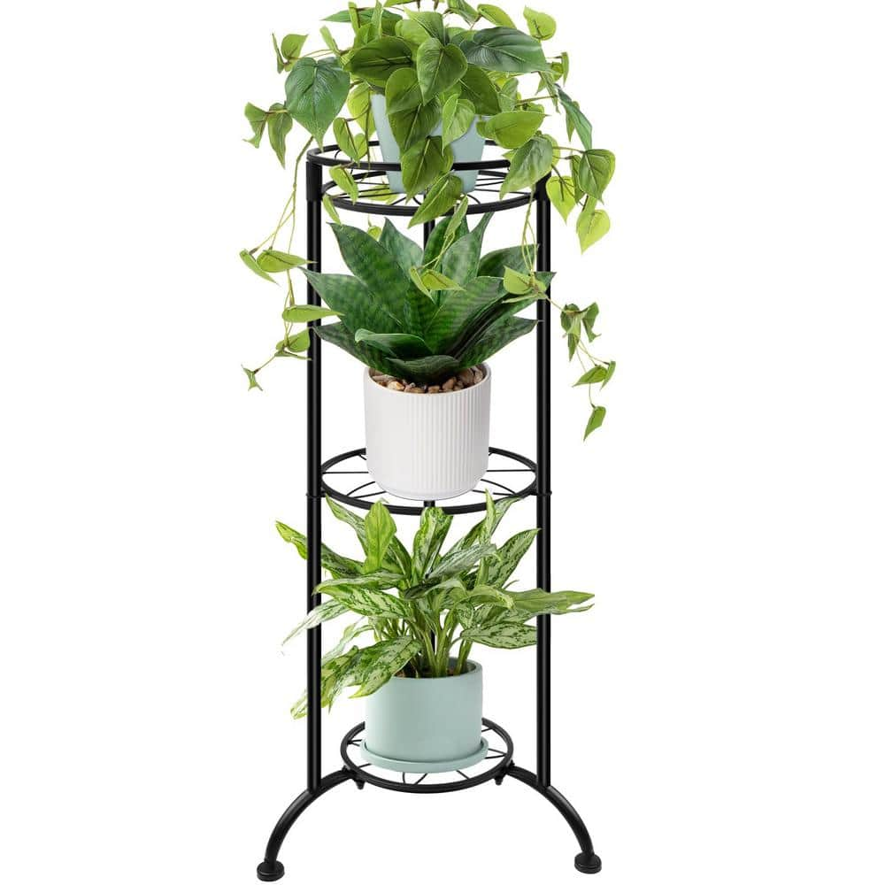 35 in. Black 3 Tier Metal Plant Stand Heavy-Duty Flower Holder NYC59J5