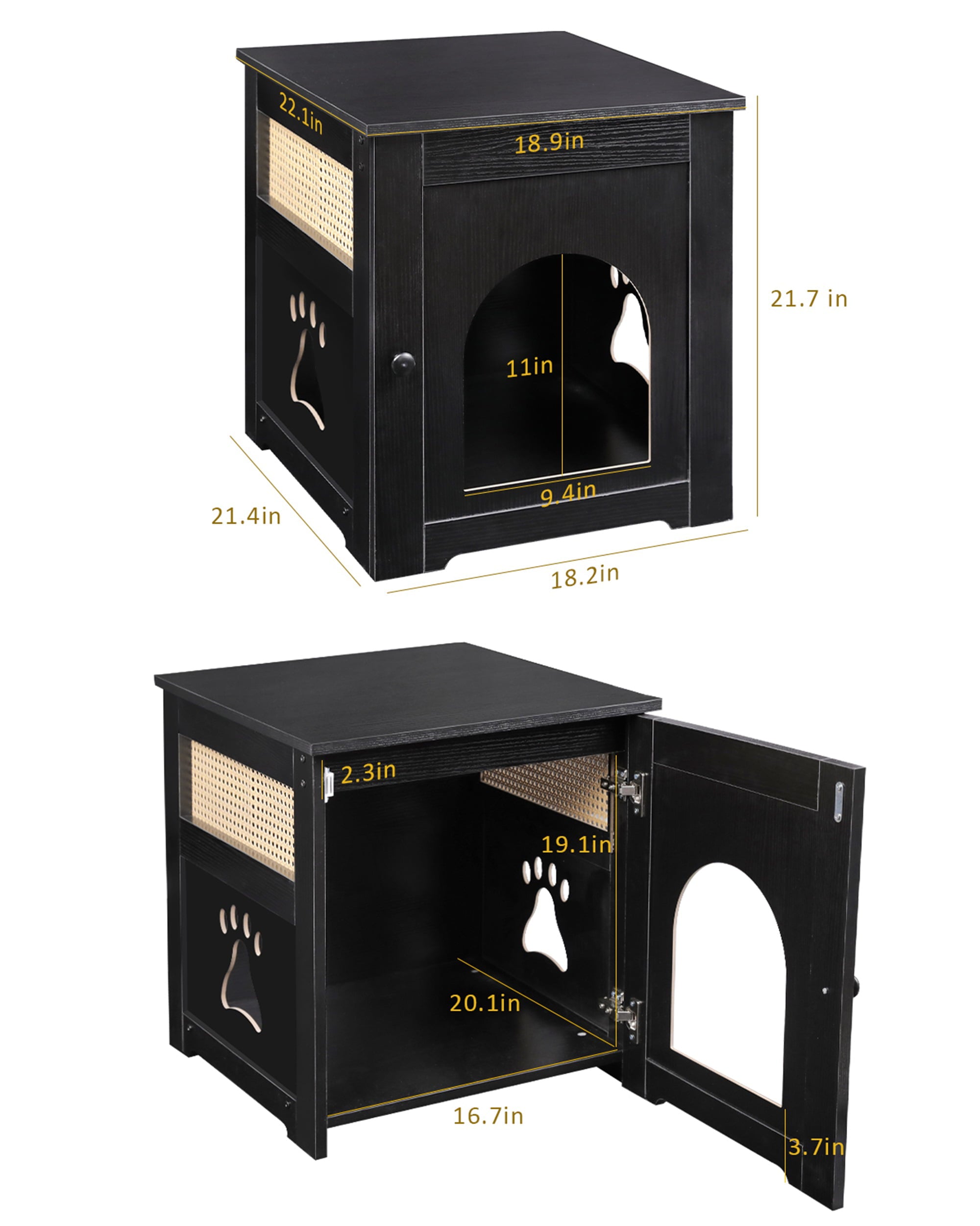 Cat Litter Box - Home Decorative Cat House and Side Table - Cat Home Nightstand - Indoor Pet Crate - Litter Box Enclosure - Hooded Hidden Pet Box - Cats Furniture Cabinet - Kitty Washroom - Black