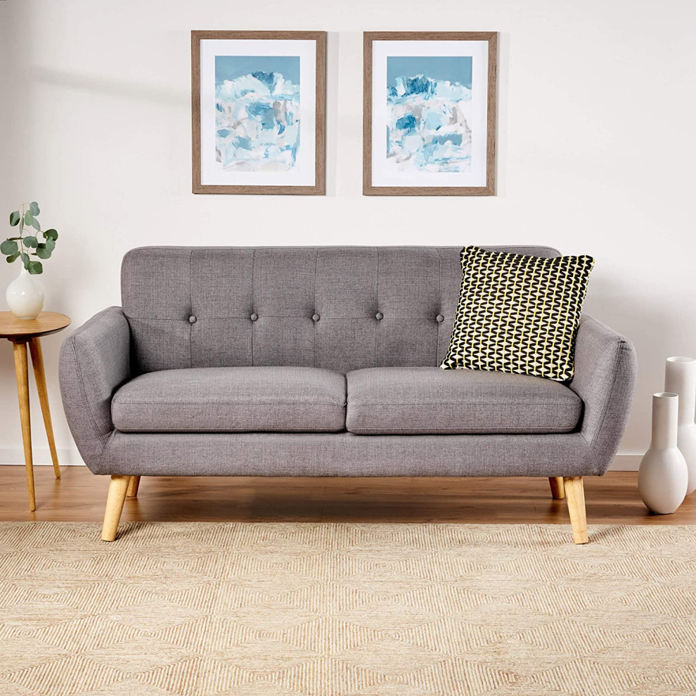 Mid Century Loveseat  Angled Natural Legs  ampButton Tufted Fabric Back  Dark Grey   Midcentury   Loveseats   by Decor Love  Houzz