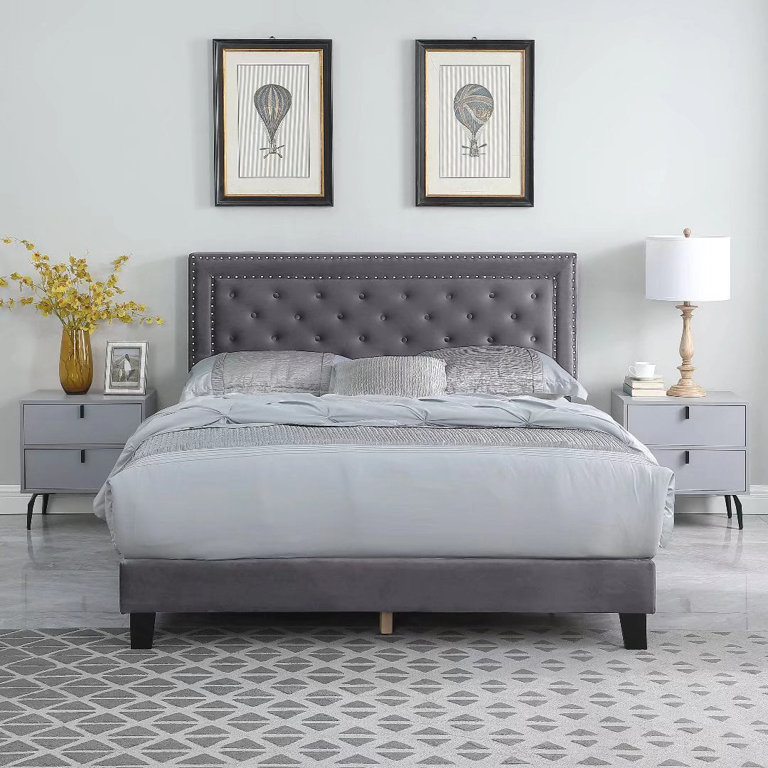 Morden Fort Queen Size Bed Frame with Upholstered Headboard Gray