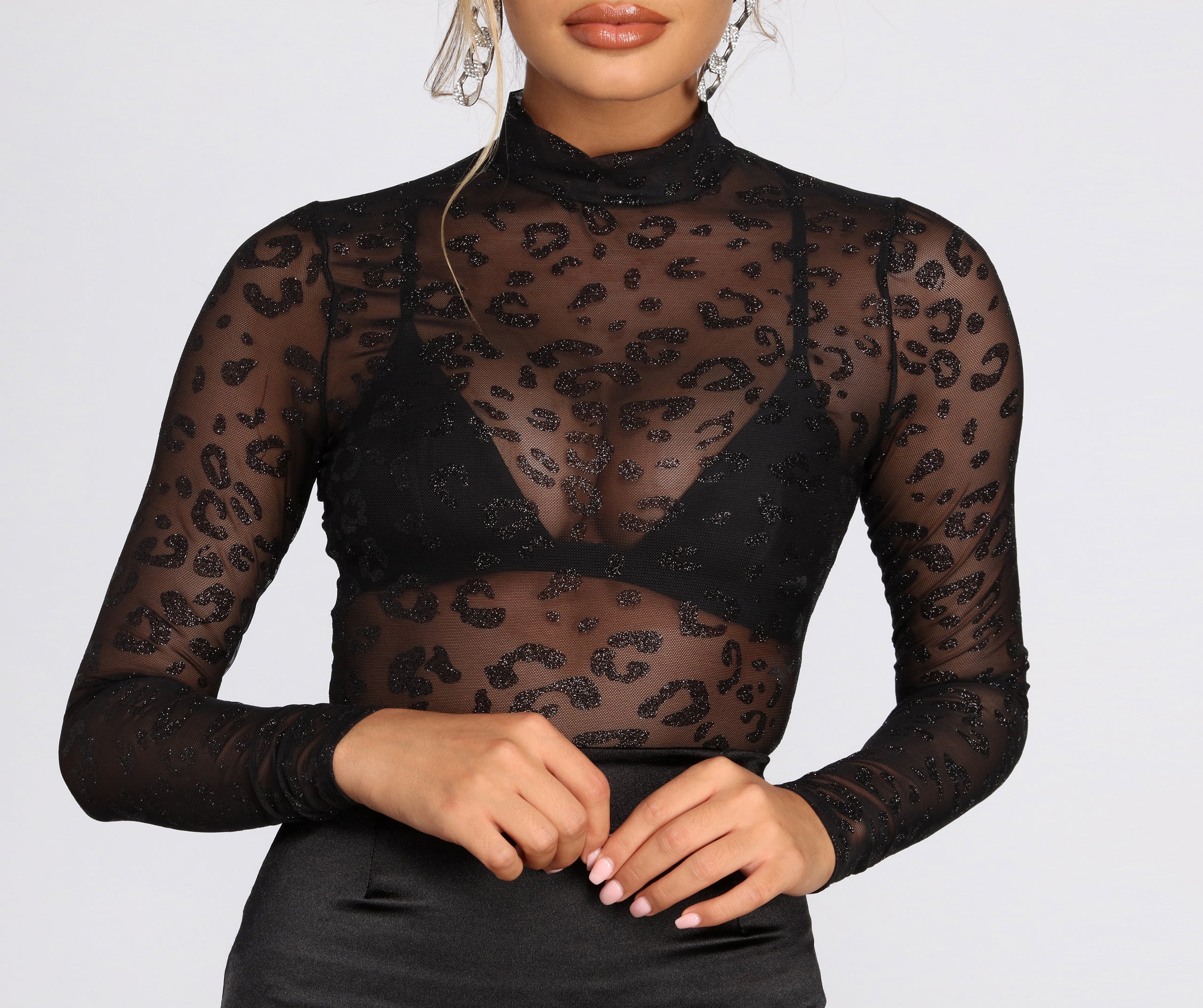 Leopard Print Glitter Mesh Bodysuit