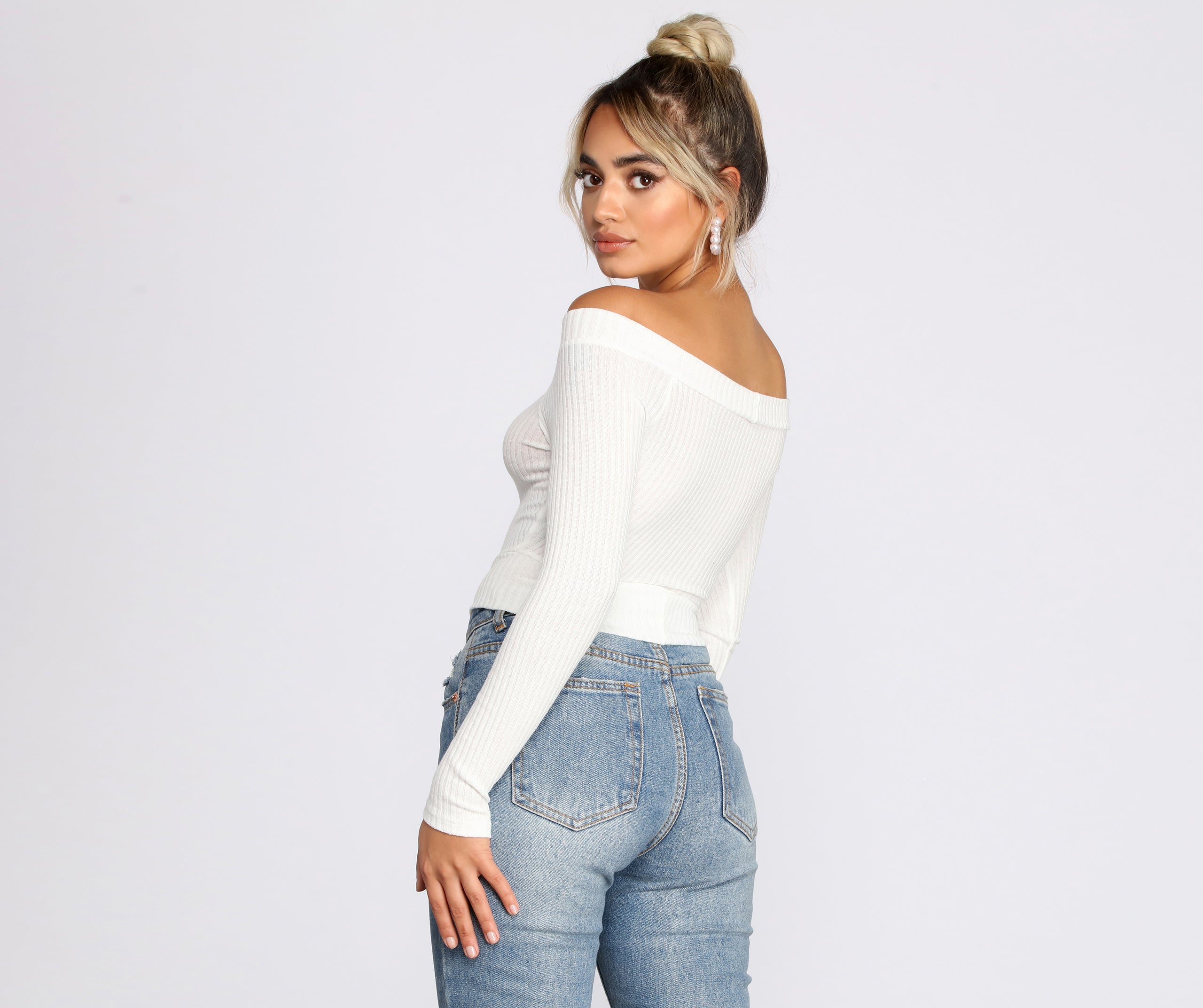 Off The Shoulder Brushed Knit Crop Top