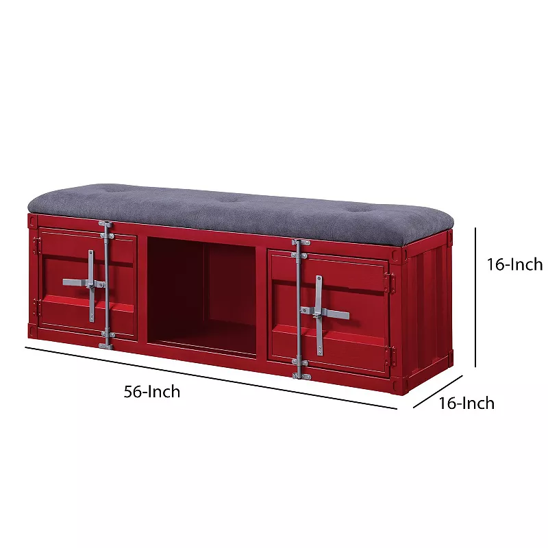 2 Metal Door Storage Bench with Open Compartment and Fabric Upholstery， Red