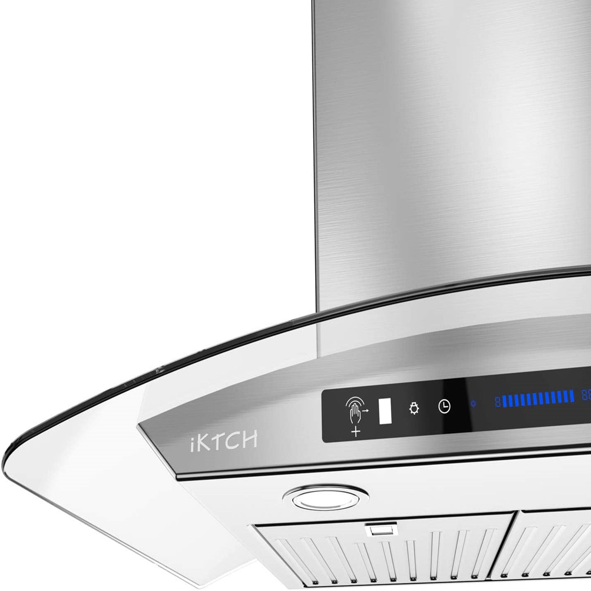 IKTCH 30-inch Wall Mount Range Hood Tempered Glass 900 CFM， Kitchen Chimney Vent Stainless Steel with Gesture Sensing and Touch Control Switch Panel， 2 Pcs Adjustable Lights(IKP03-30)