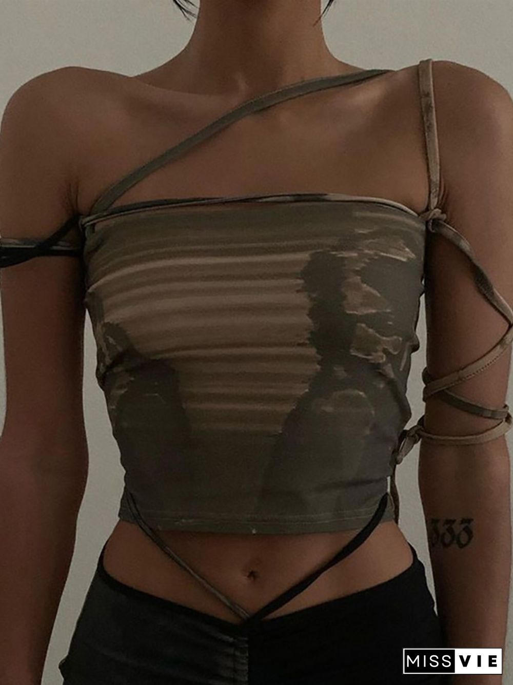 Goth Dark Punk Gothic Camis Grunge Lace Up Off Shoulder Women Crop Tops Hip Hop Bodycon Sleeveless Vintage Print 90S Streetwear