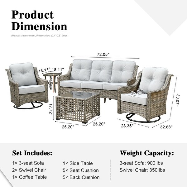 HOOOWOOO 5piece Patio Wicker Furniture Conversation Set with Swivel Chair and Coffee Table