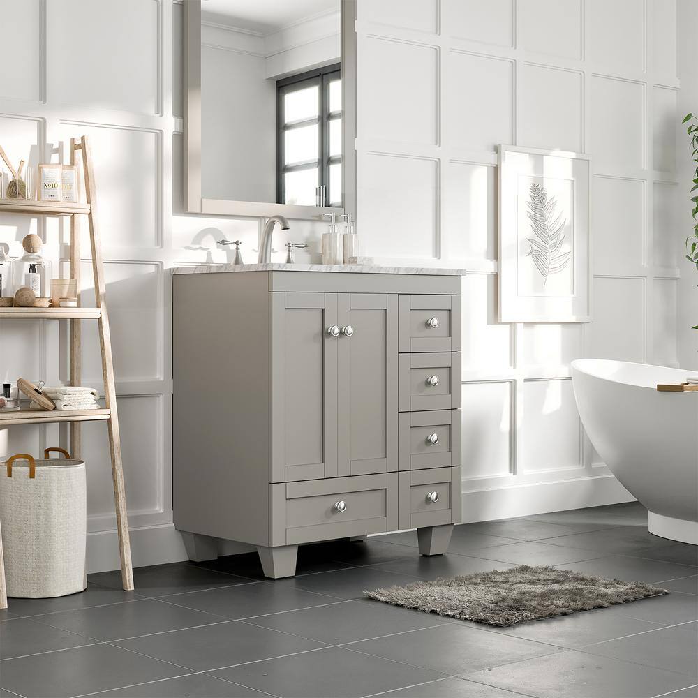 Eviva Acclaim 30 in. W x 22 in. D x 34 in. H Bath Vanity in Gray with White Carrara Marble Vanity Top with White Sink EVVN69-30GR