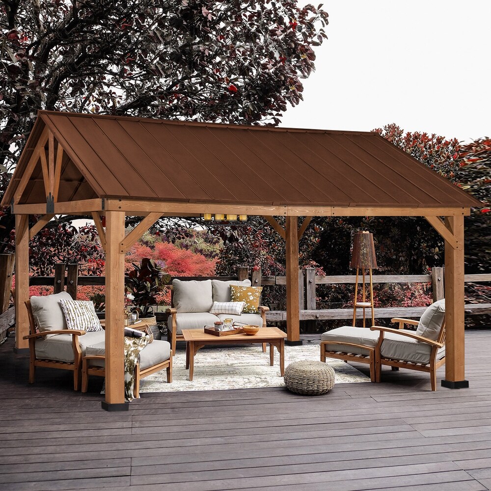 Cozywor 15 ft. x 13 ft. Outdoor Cedar Wood Patio Hardtop Gazebo