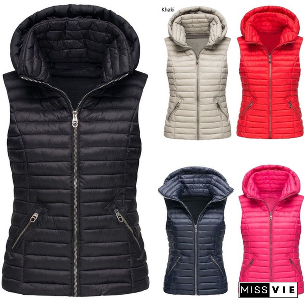 Women Winter Thick Slim Vest Hooded Jackets Waistcoat Top Warm Coat