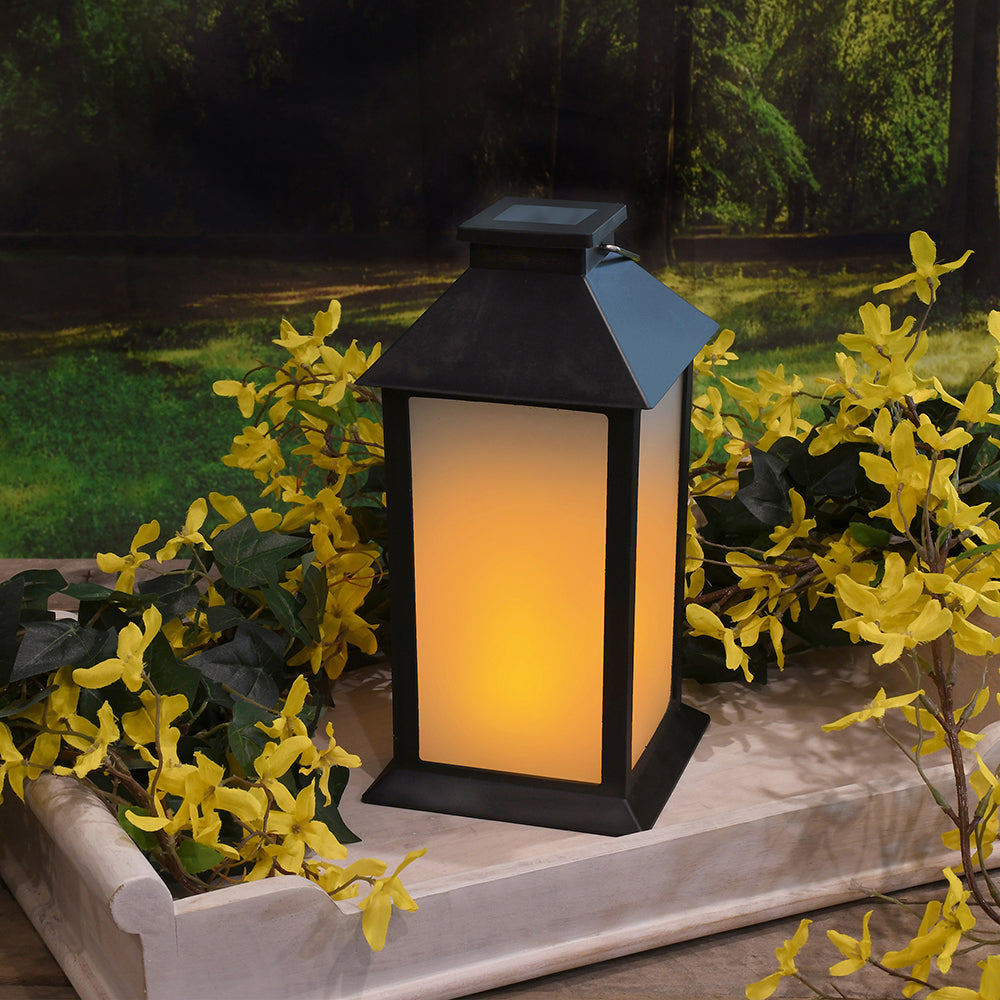 Solar Powered Flame Effect LED Black Lantern