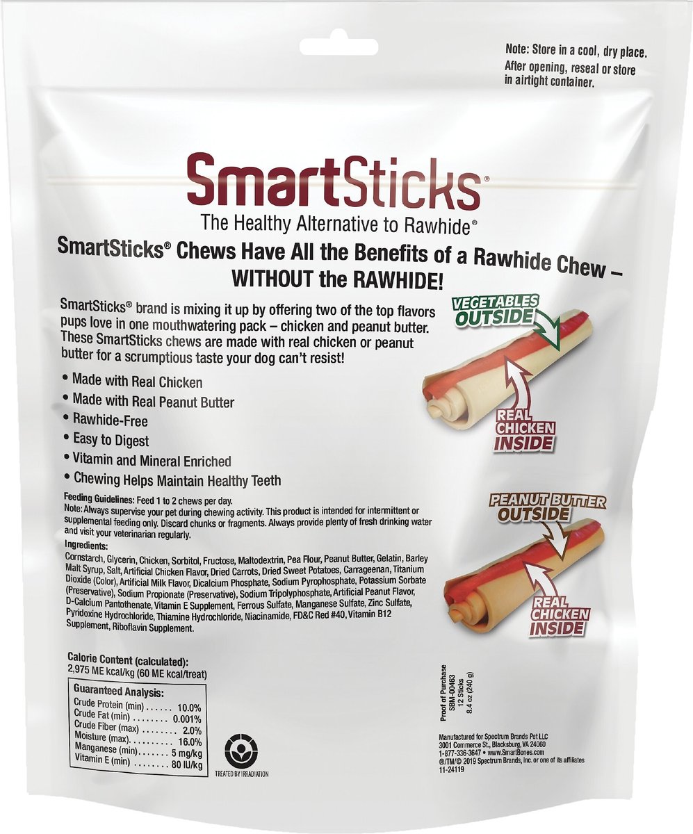 SmartBones SmartSticks Variety Pack Real Chicken and Peanut Butter Flavor Dog Treats， 12 count