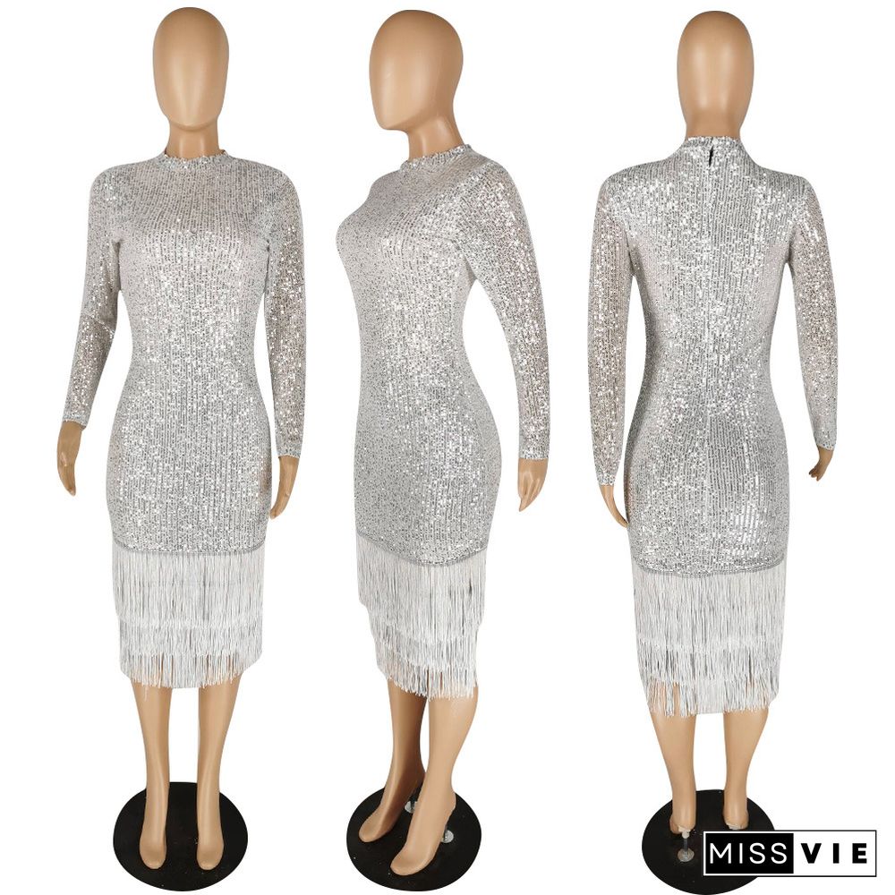 Sexy Sequins Long Sleeves Tassel Nightclub Dress