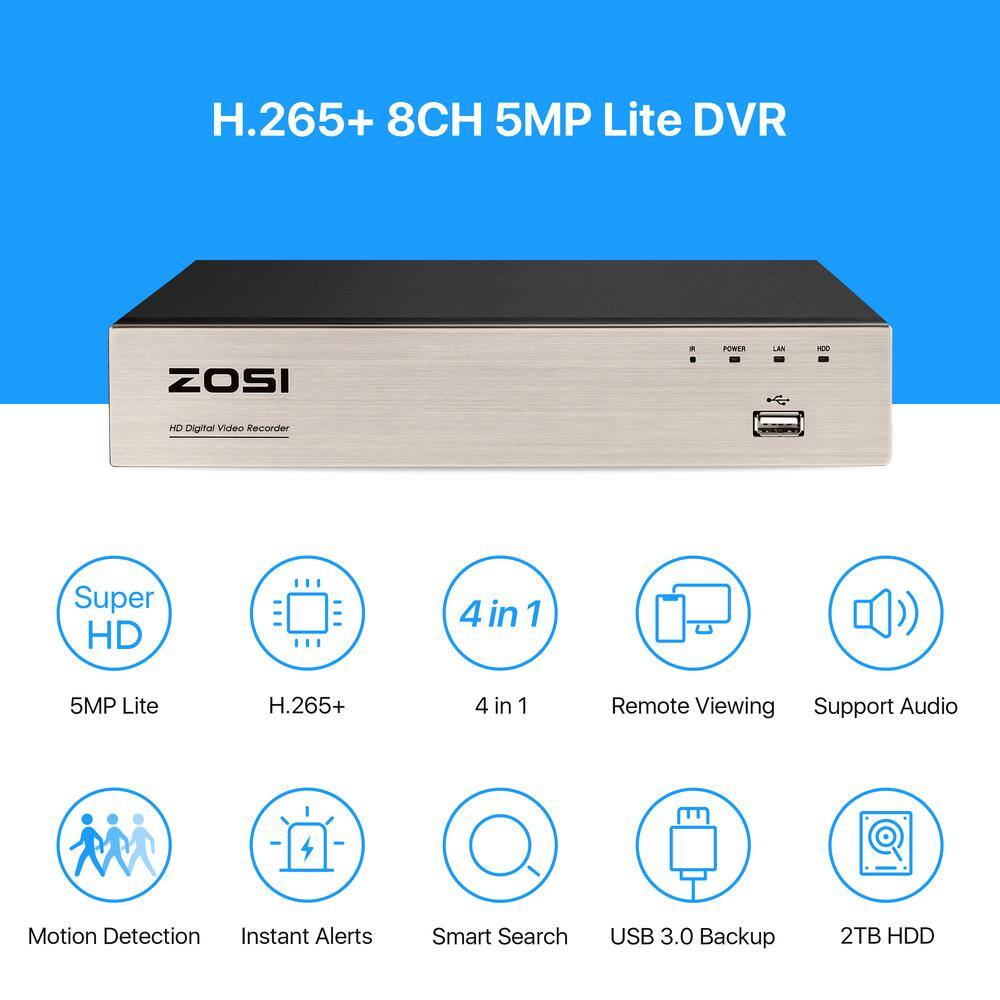 ZOSI 8-Channel 1080P DVR 2TB Video Surveillance System with 4 Wired Outdoor Security Cameras 8VN-418B4S-20-US