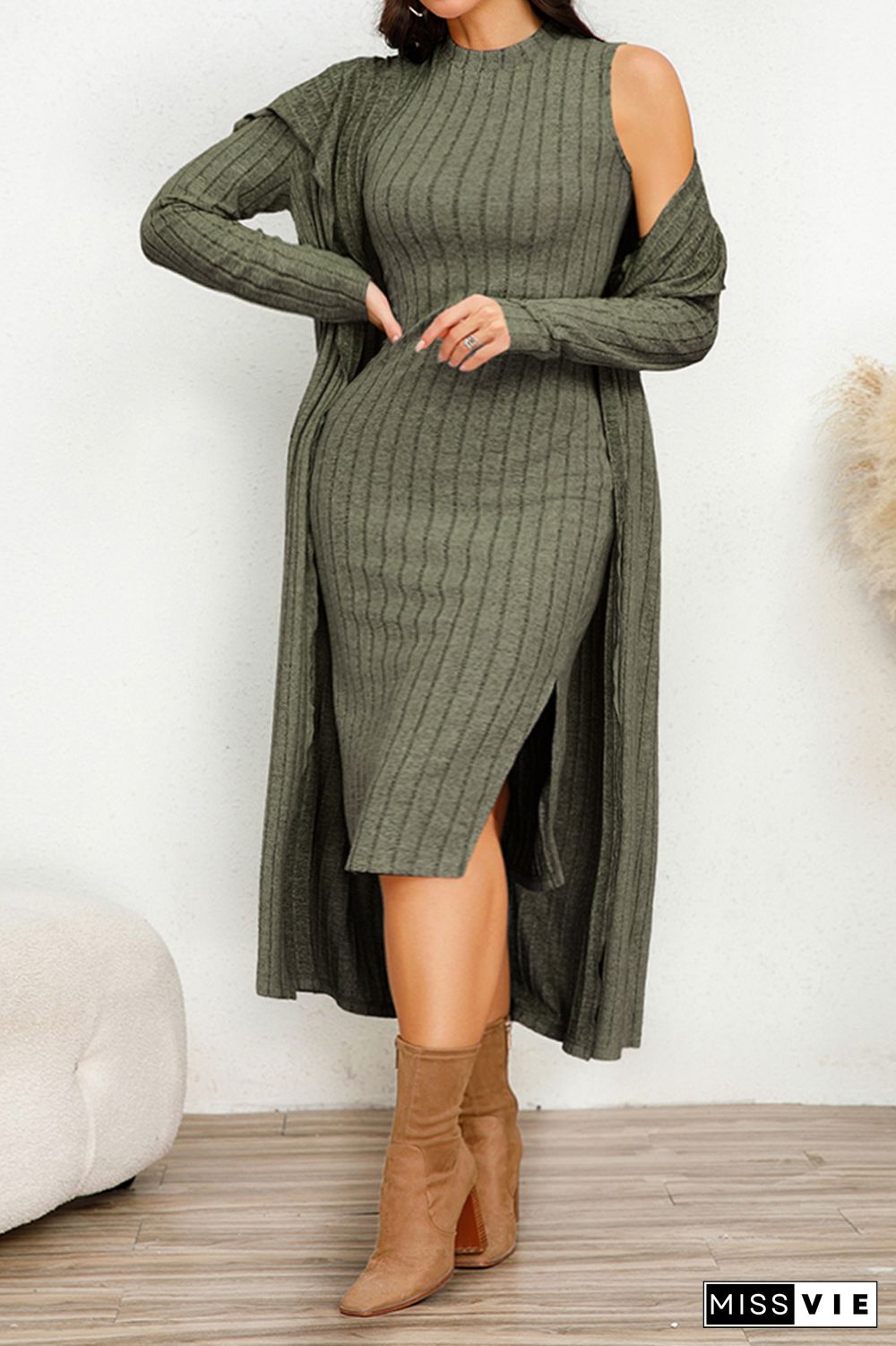 Solid Ribbed Split Hem Midi Dress & Longline Cardigan Set