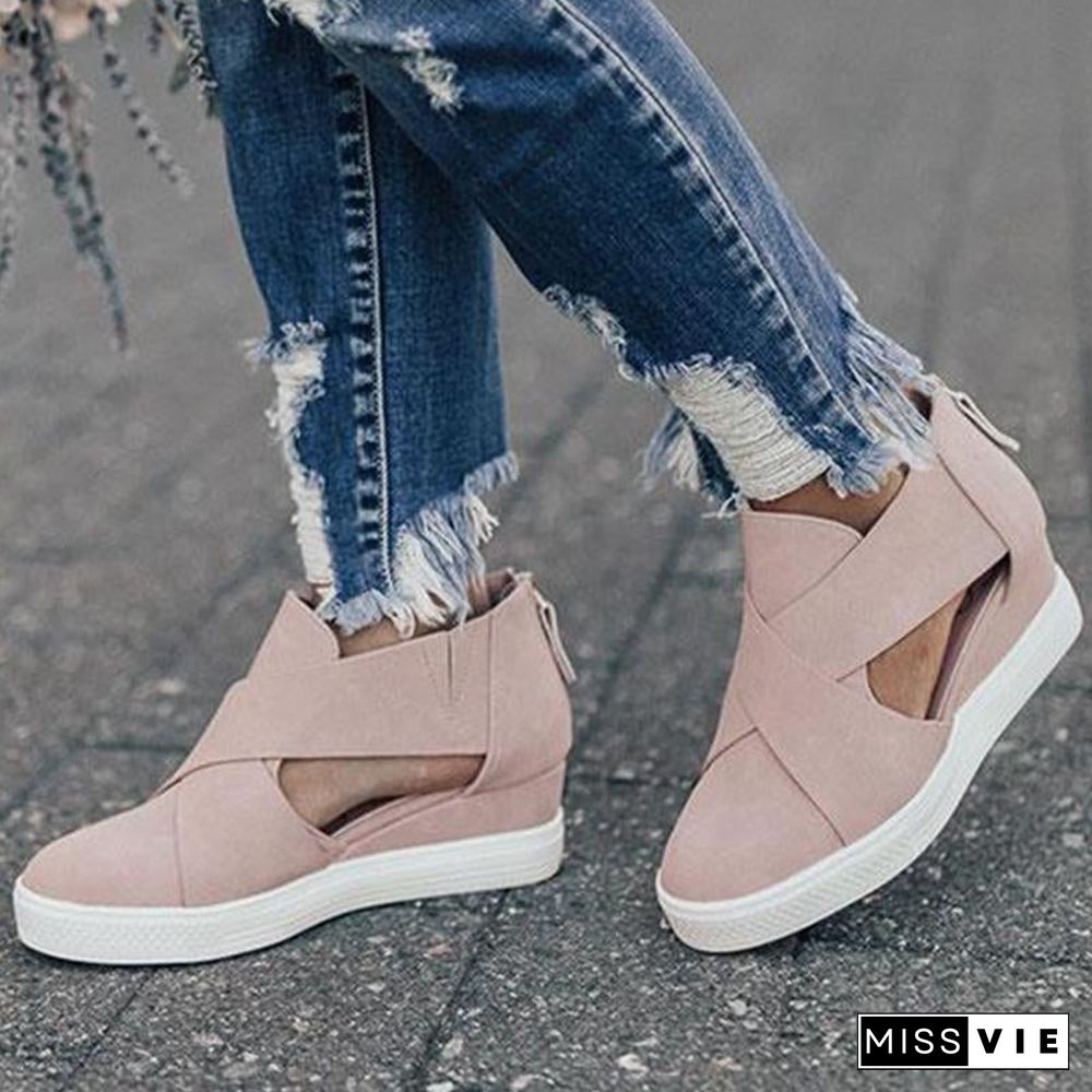 Women Solid High Flats wedges Heel Height Increasing Chunky Platform Vulcanized Sneakers Shoes