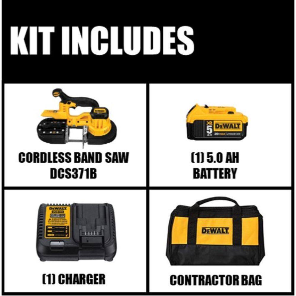 DW 20V MAX Cordless Band Saw (1) 20V MAX XR Premium Lithium-Ion 5.0Ah Battery Charger and Kit Bag DCB205CKW371B