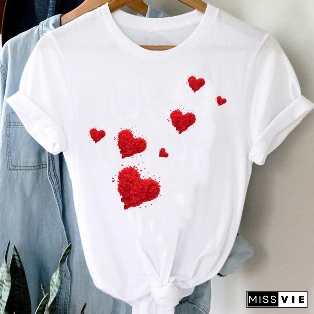 Tee Women Top Leopard Love Heart Cute Clothes Lady Casual Short Sleeve Fashion Summer Tshirt Regular Female Graphic T-Shirt