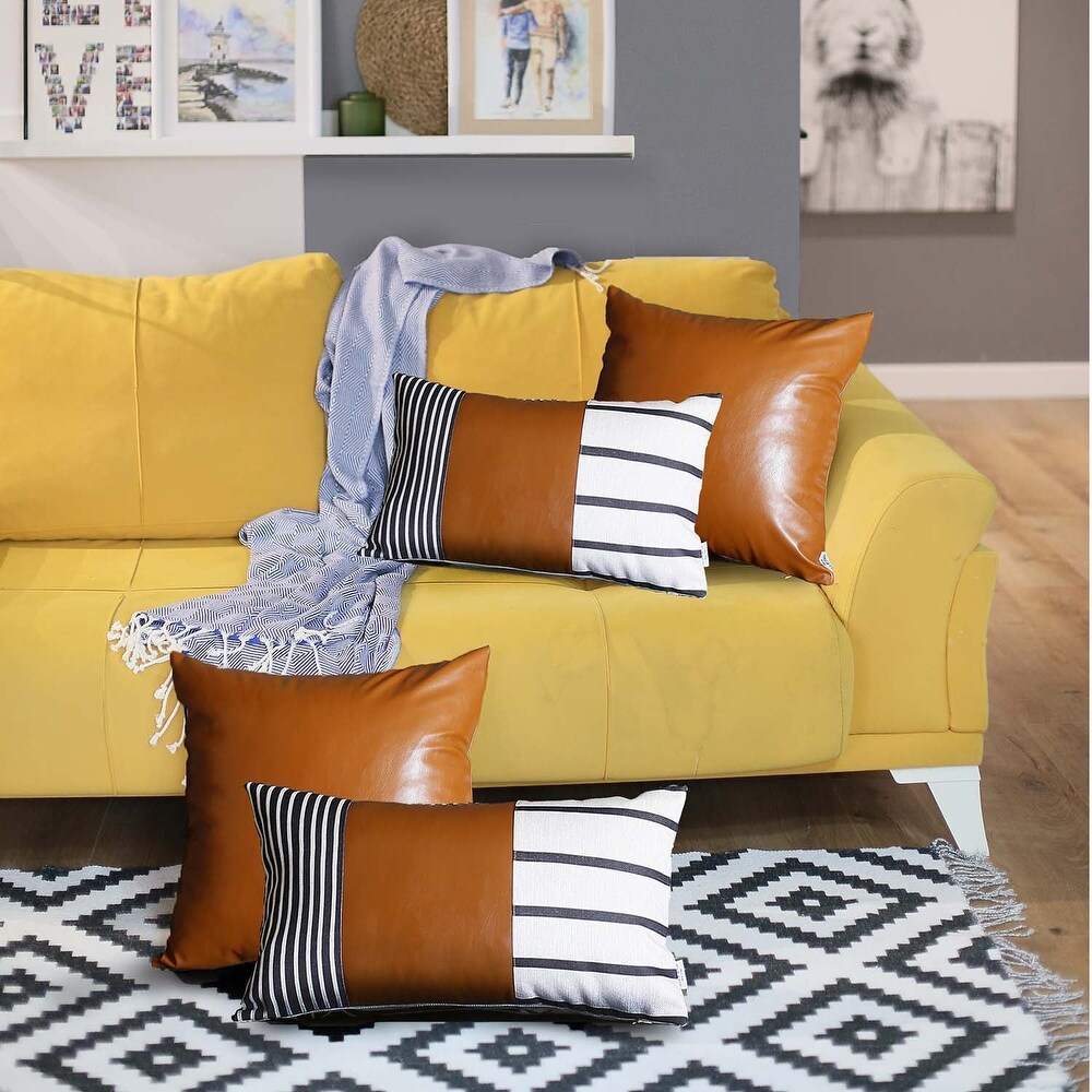 Bohemian Mixed Set of 4 Vegan Faux Leather Brown Geometric Throw Pillow Cover