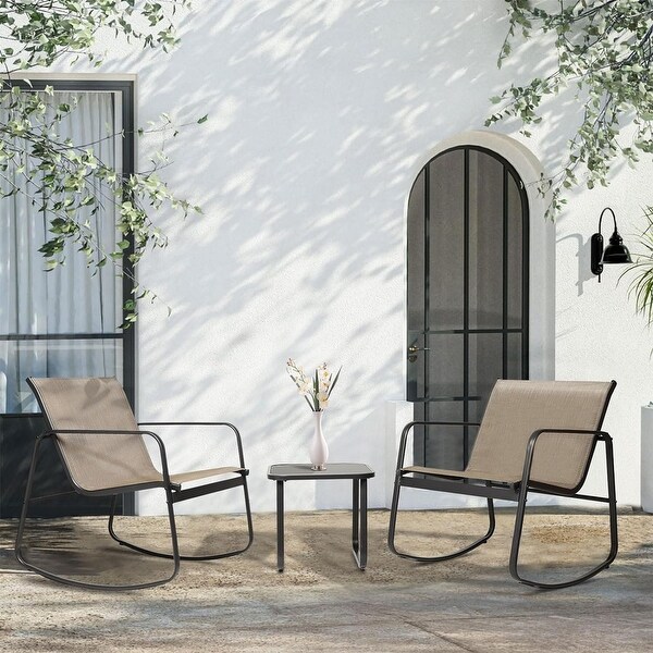 3Piece Outdoor Patio Rocking Chair Bistro Set with Glass Top Coffee Table