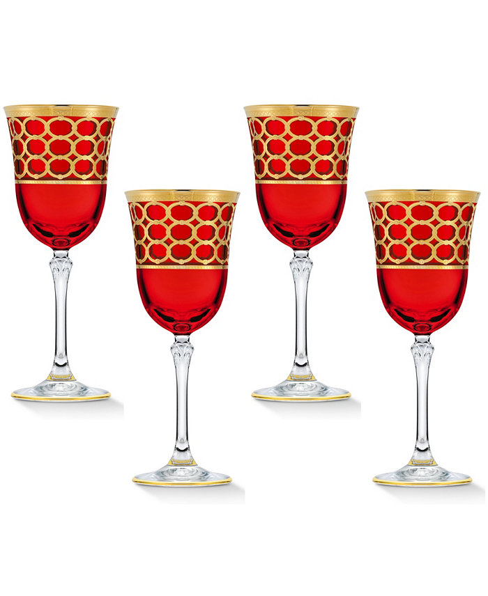 Lorren Home Trends Deep Red Colored White Wine Goblet with Gold-Tone Rings Set of 4