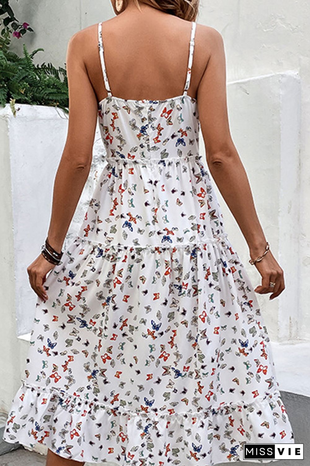 Butterfly Print Tiered Spachetti Dress