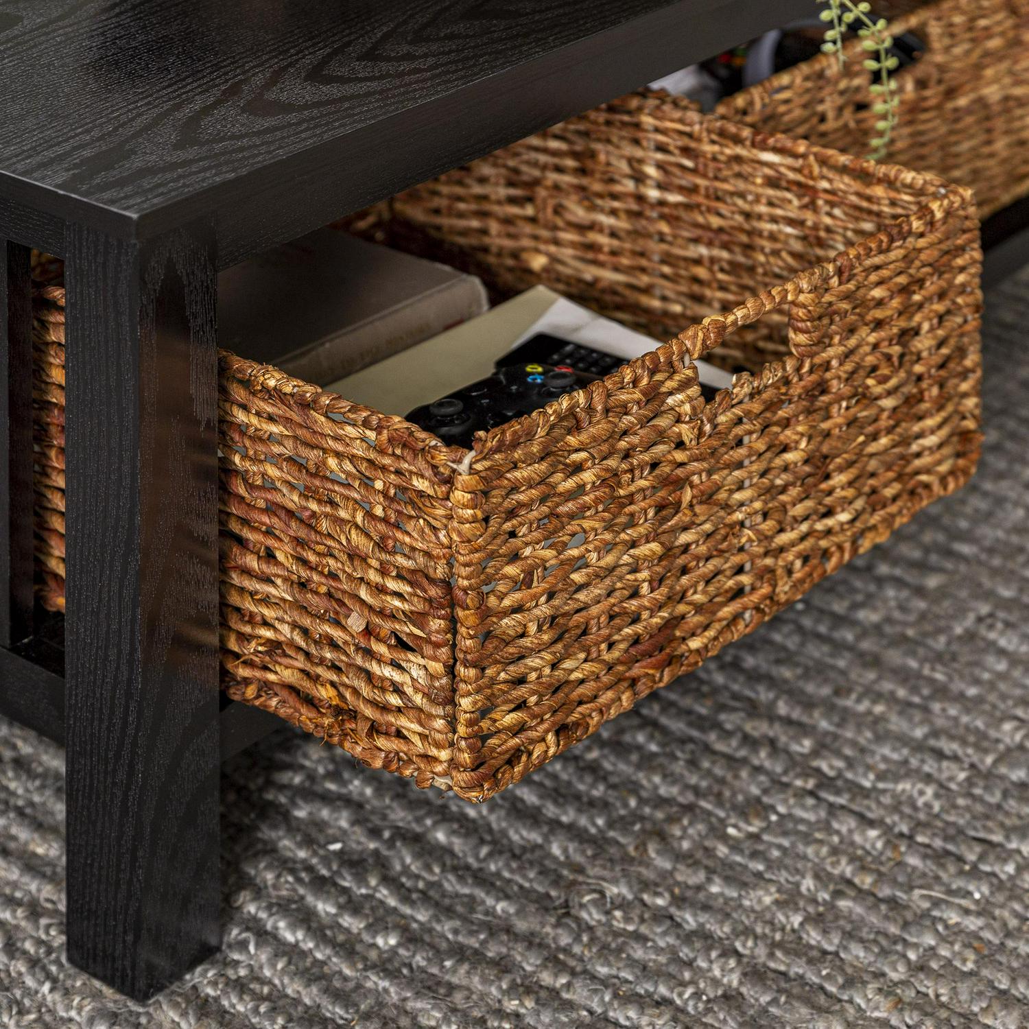 Woven Paths Traditional Storage Coffee Table with Bins， Black