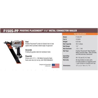 Paslode Pneumatic 30 F150S-PP 1.5 in Positive Placement Metal Connector Air Tool Framing Nailer 515850