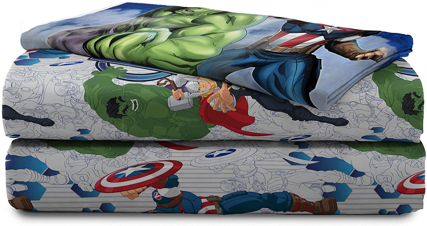 Marvel Avengers Blue Circle 4-Piece Twin Bed Set， 100% Microfiber， Blue， Kid's Superhero Bedding