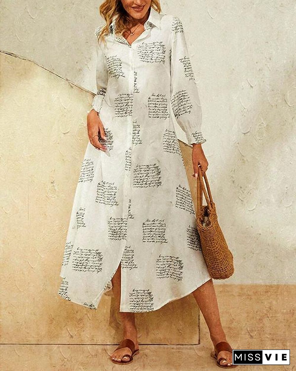 Leaves Print Lapel Button Long Sleeve Maxi Shirt Dress