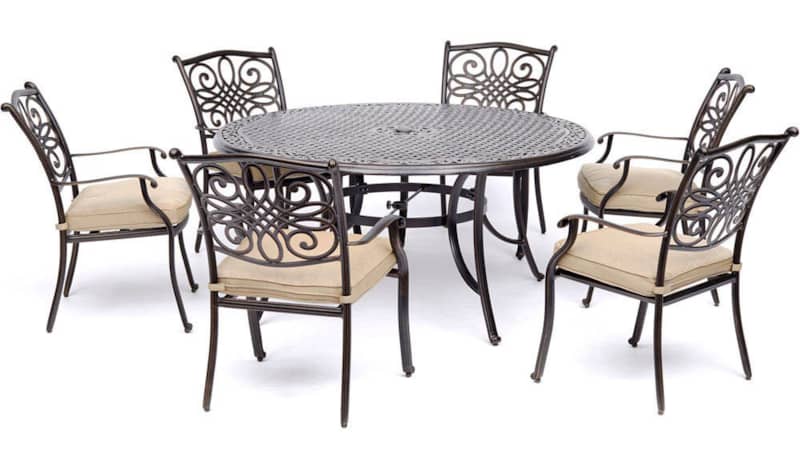 Hanover Traditions Tan 7-Piece Outdoor Dining Set w/ Six Dining Chairs and 60 Cast-Top Table