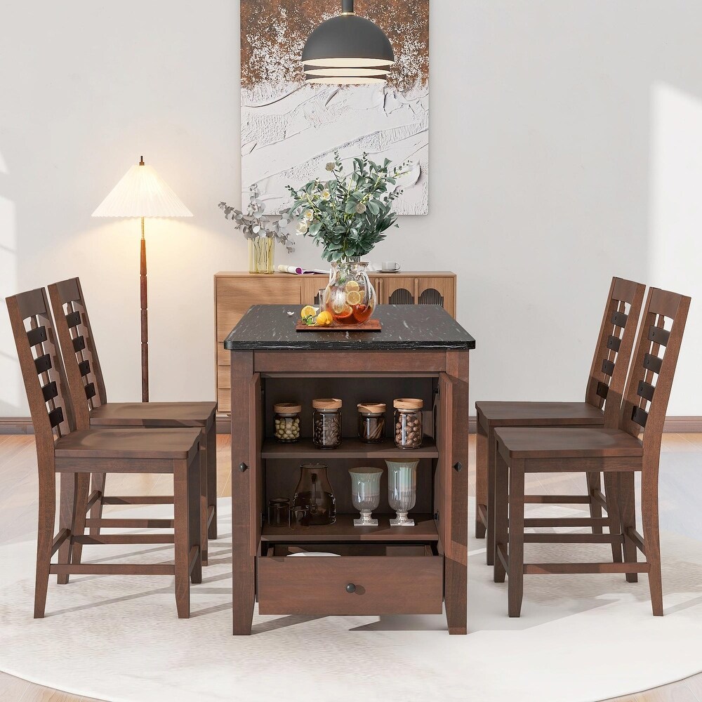 5 Piece Dining Set with Faux Marble Tabletop  Solid Wood  and Storage