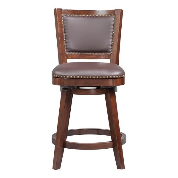 Swivel Counter Stool with Leatherette Padded Back and Nailhead Trim， Brown