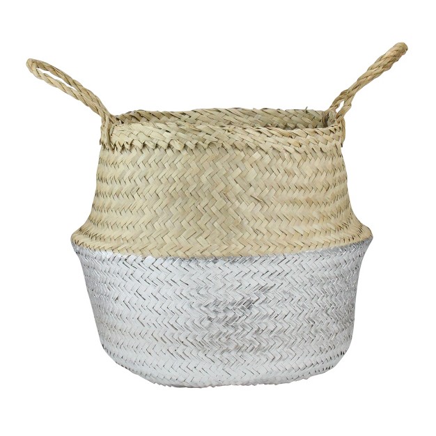 Beige And Silver Seagrass Belly Wicker Basket With Handles