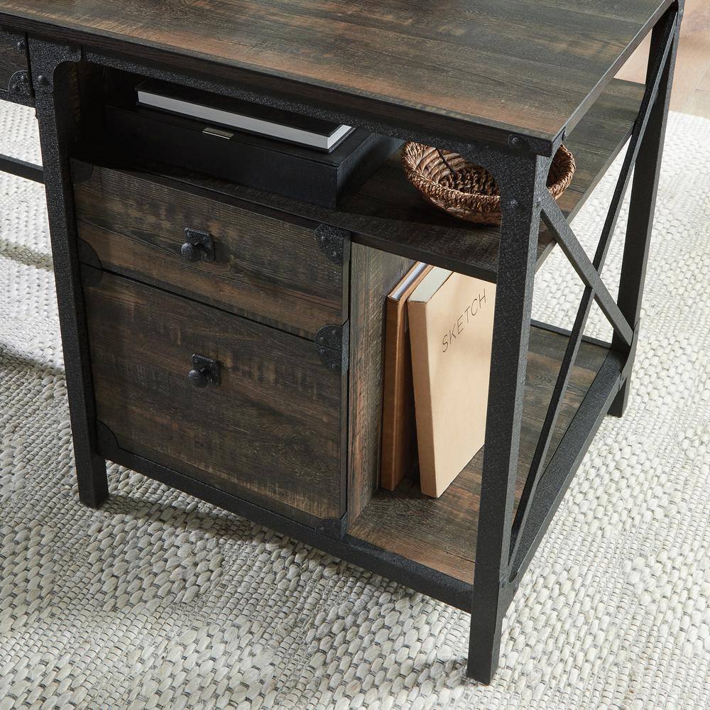 SAUDER Steel River 60.079 in. Carbon Oak Engineered Wood 3-Drawer Computer Desk with File Storage and Metal Frame 427851