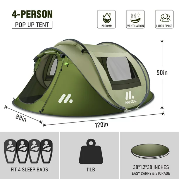 Maxkare 4 Person Instant Pop Up Camping Tent， Waterproof Easy Pop Up Family Tents