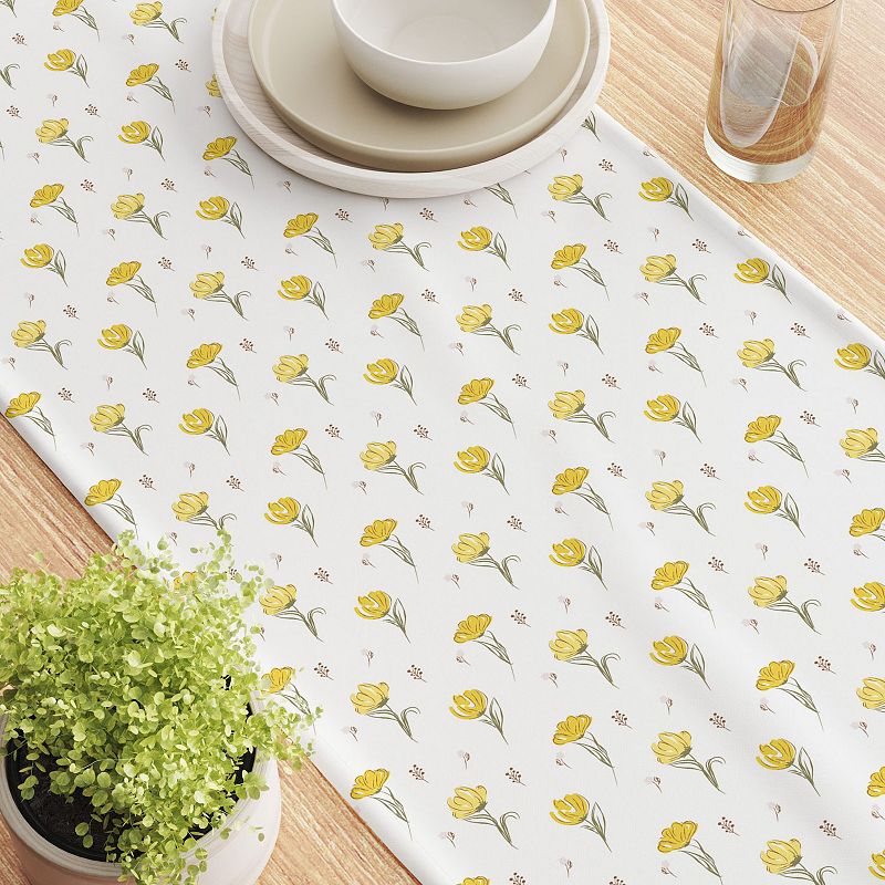 Table Runner， 100% Cotton， 16x108， Hand Drawn Yellow Tulips